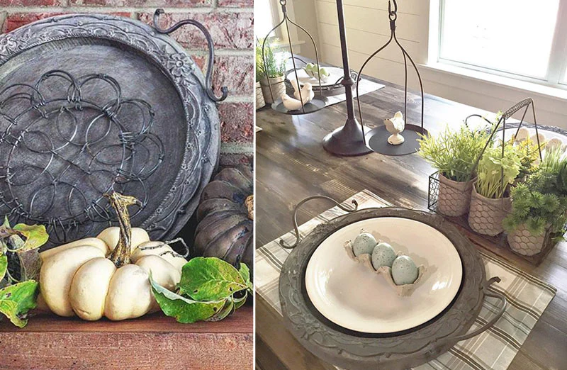 Carved Wooden Round Serving Tray  Set Of 2