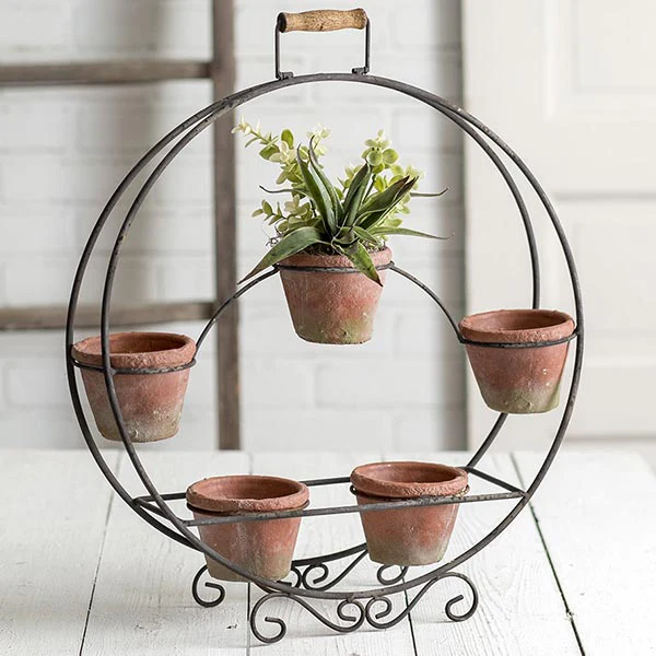 Round Plant Stand with Terracotta Pots
