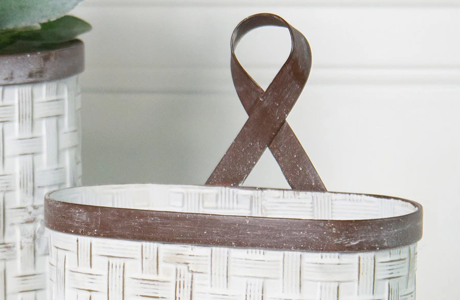 Whitewashed Woven Metal Hanging Baskets, Set of 2