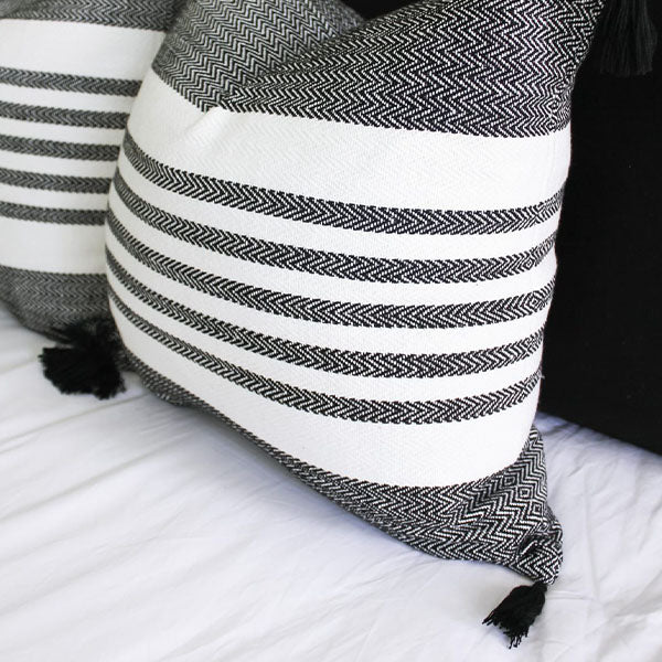 Black Striped Handloomed Throw Pillow with Tassels