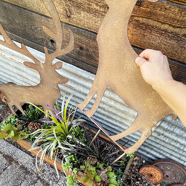 HUGE Rusted Patina Reindeer Yard Stakes, Set of 2