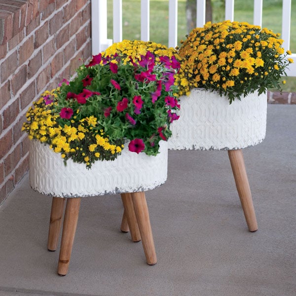 Embossed Metal Planters with Wood Legs, Set of 2
