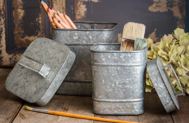 Galvanized Metal Canister  Set Of 2