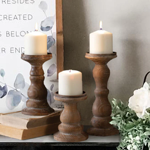 Natural Wooden Pillar Candle Holders, Set of 3