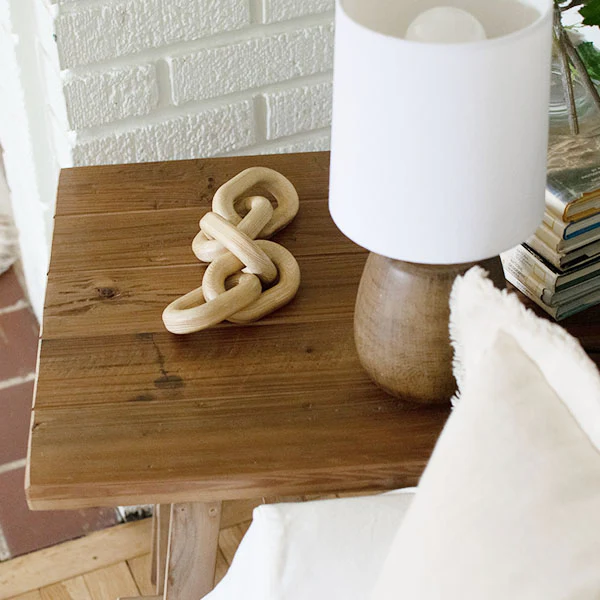 Reclaimed Wood End Table with Trestle Reinforced Sawhorse Base