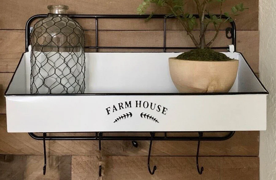 Enamel Wall Shelf with Hooks