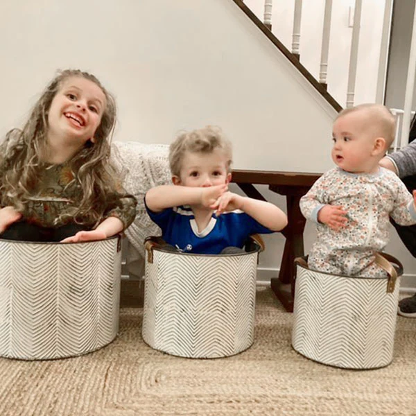 Oversized Textured Chevron Planters with Leather Straps, Set of 3