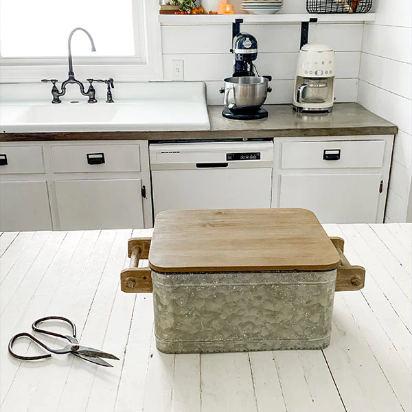 Galvanized Metal Storage Caddy with Wooden Lid