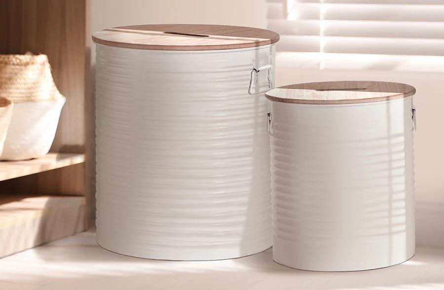 Corrugated Metal Drum Storage Ottomans, Set of 2