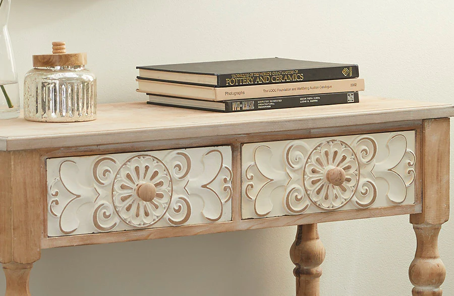 Ornate Carved Wooden Table with Drawers