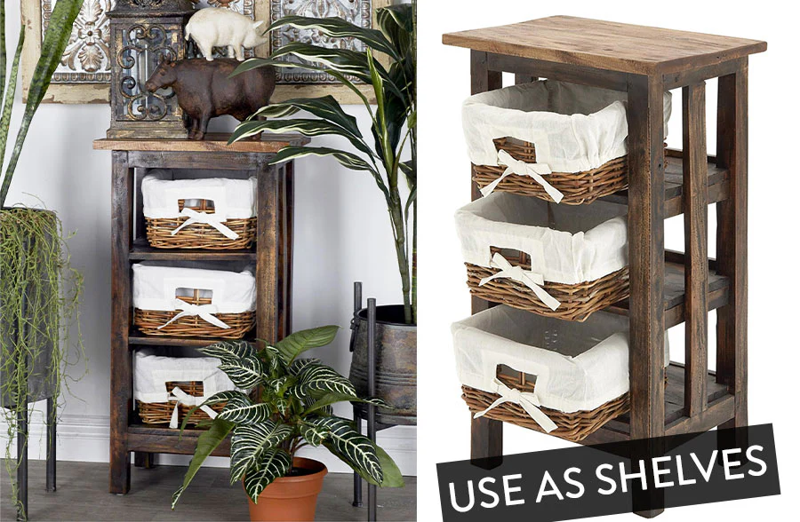 Mahogany Wood Side Table with Basket Cubbies