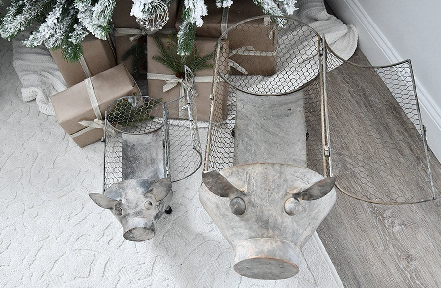 Galvanized Pig Storage Baskets, Set of 2