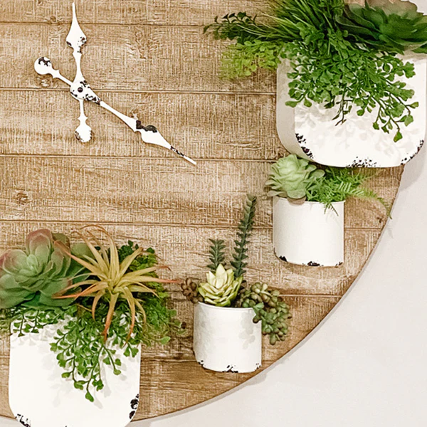 Shiplap Clock with Aged Enamel Planters