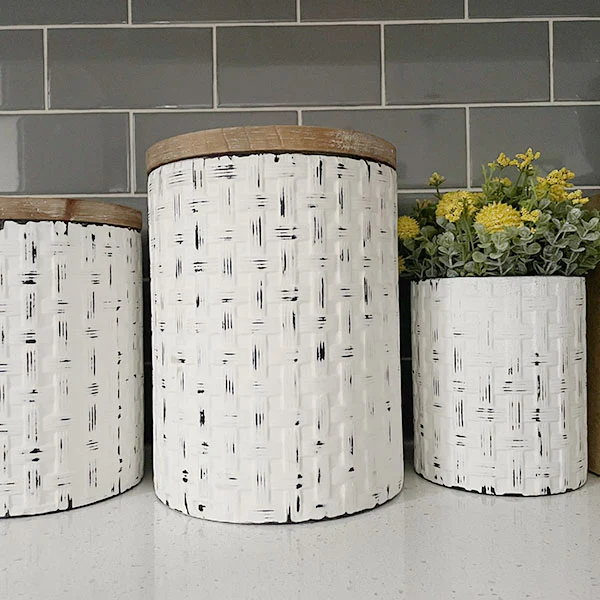Woven Texture Distressed Canisters with Lids, Set of 3