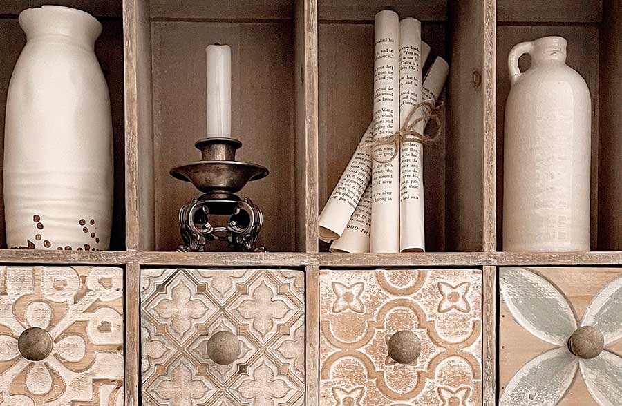 Ornate Wooden Wall Shelf with Cubbies and Hooks