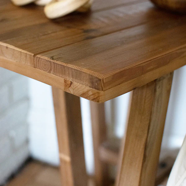 Reclaimed Wood End Table with Trestle Reinforced Sawhorse Base