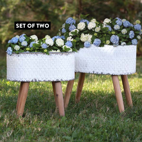 Embossed Metal Planters with Wood Legs, Set of 2