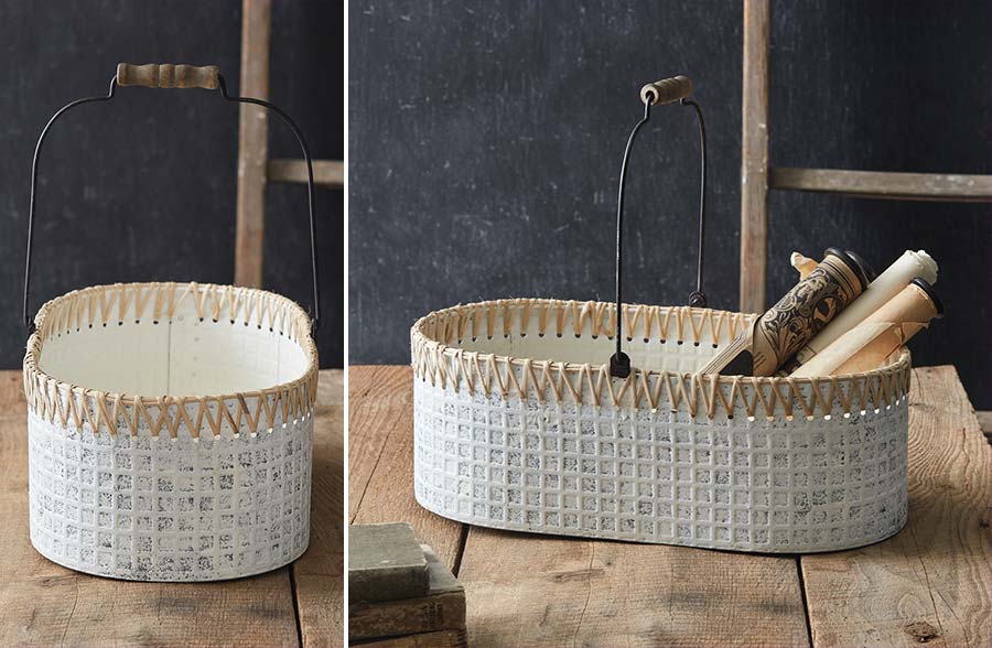 Whitewashed Metal And Cane Basket with Handle