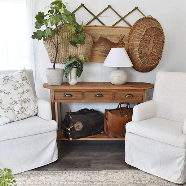 Natural Wood Console Table, Weathered with Drawers, Farmhouse