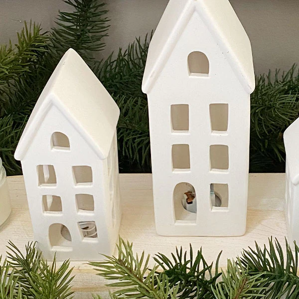 Modern Stoneware Lighted Houses, Set of 3