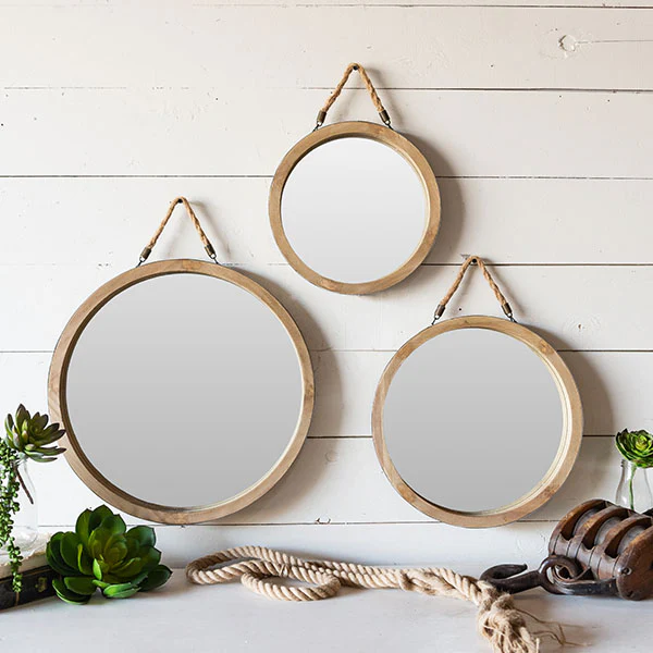 Round Wooden Framed Mirrors, Set of 3
