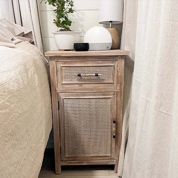 Wood and Rattan Accent Storage Table