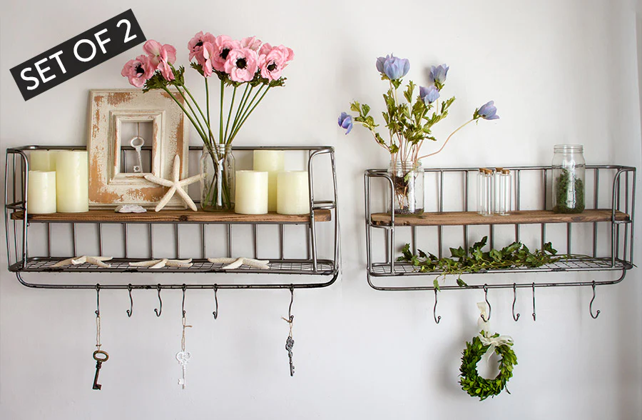 Two Tier Industrial Wire Shelf With Hooks, Set of 2