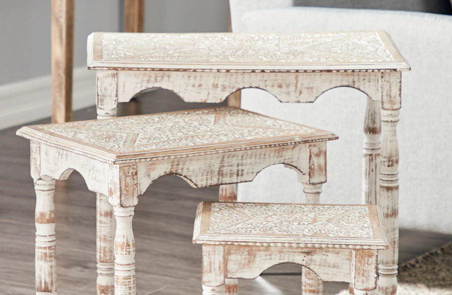 Whitewashed Scalloped Nesting Tables, Set of 3
