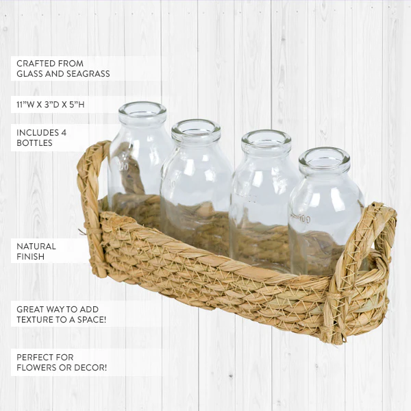 Wicker Basket with Four Milk Bottles