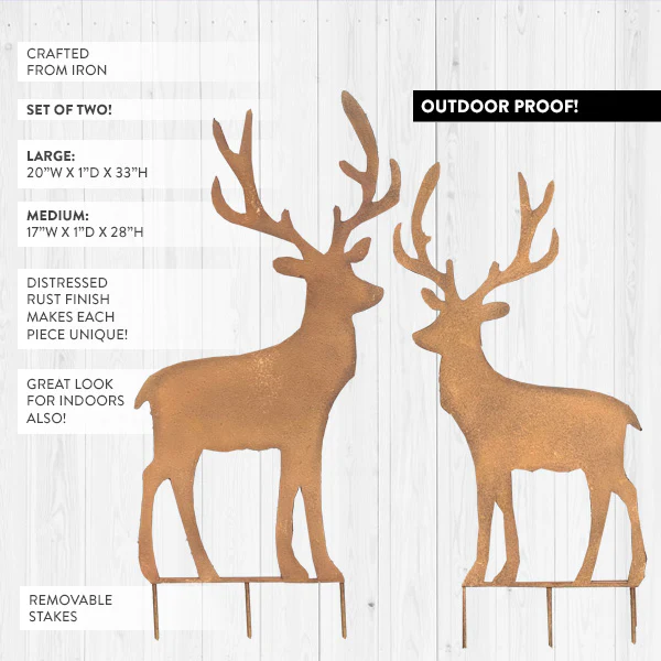 HUGE Rusted Patina Reindeer Yard Stakes, Set of 2