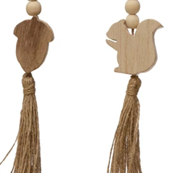 Paulownia Wood Bead Loop Garland with Fall Icon and Jute Tassel, Set of 4