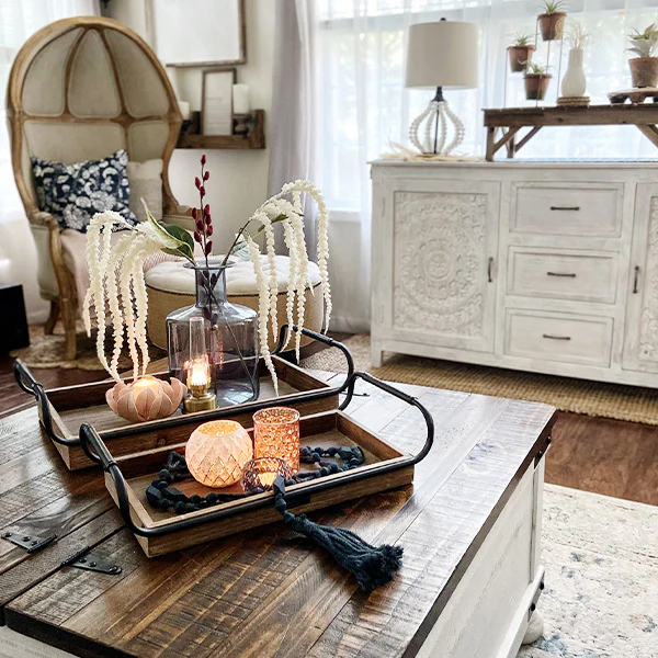 Weathered Wooden Trays with Rounded Metal Handles, Set of 2