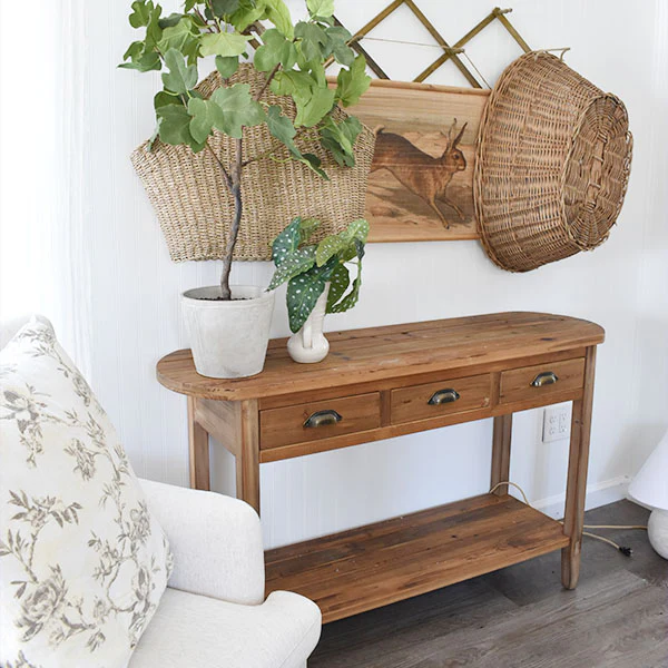 Natural Wood Console Table, Weathered with Drawers, Farmhouse