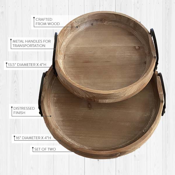 Rustic Round Wooden Trays with Handles, Set of 2