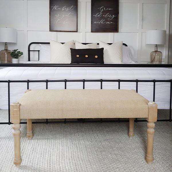 Wood and Burlap Cushioned Bench