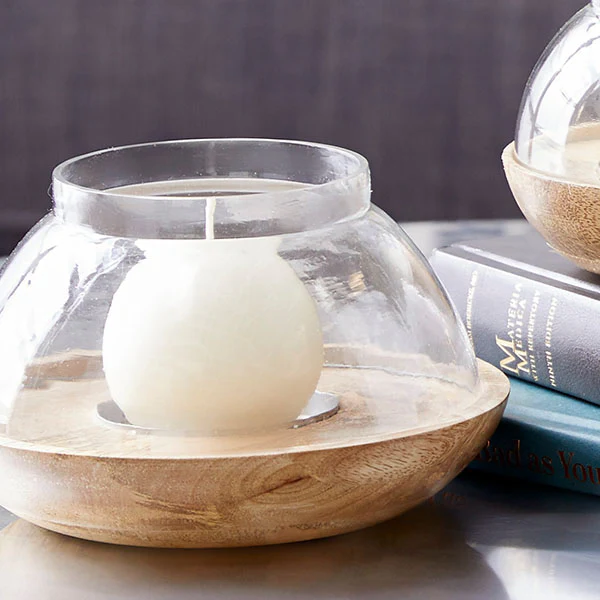 Wooden and Glass Cloche Candle Holders, Set of 2
