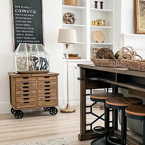 Rustic Rolling Wooden Cabinet with Drawers
