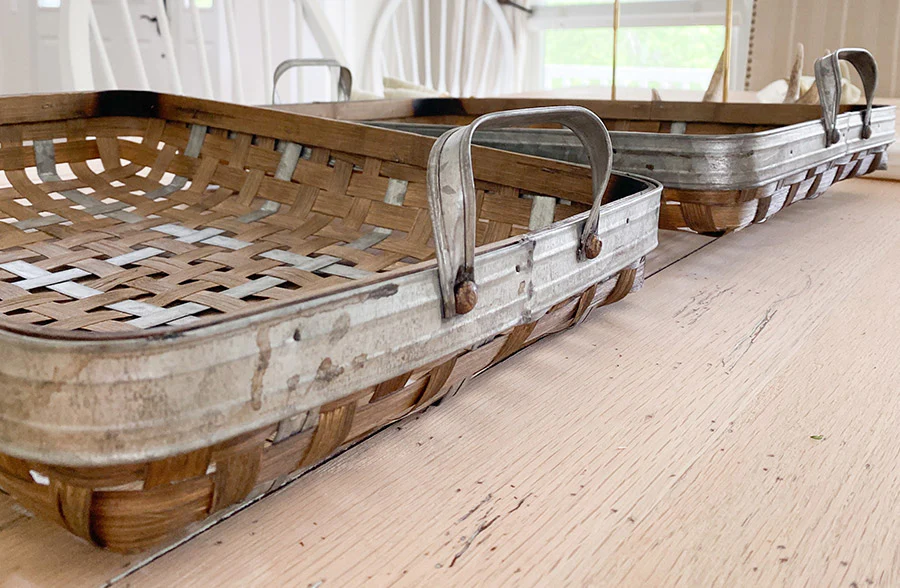 Woven Bamboo and Galvanized Metal Trays, Set of 2