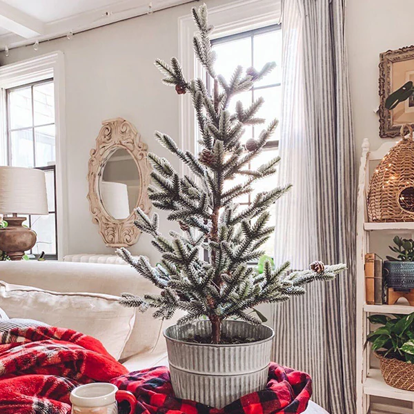 Flocked Winter Pine Tree in Galvanized Bucket