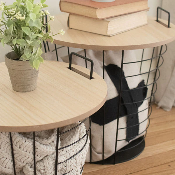 Refined Modern Farmhouse Metal Storage Bins with Wooden Lids, 3-in-1 Steal, Set of 2