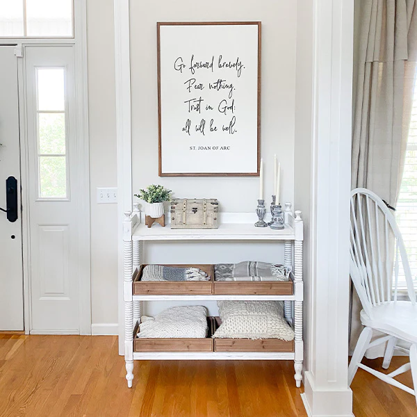Whitewashed Spindle Table with Wooden Bins