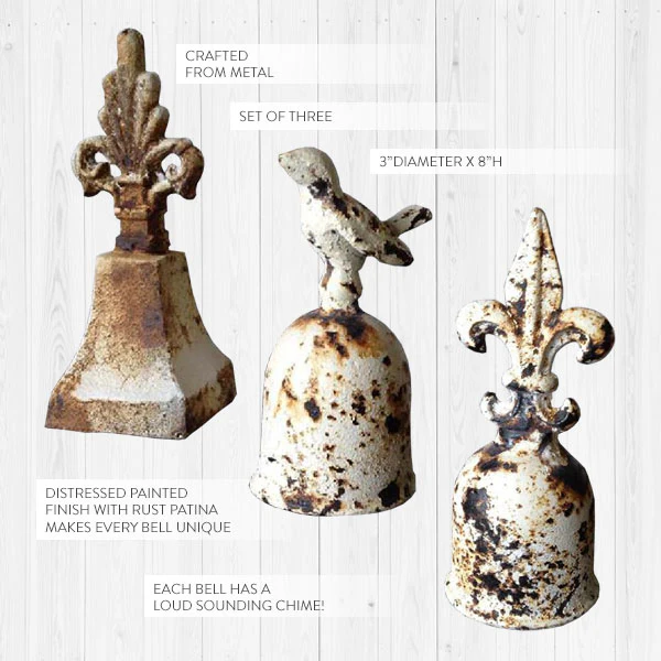 Rusted Patina Vintage Handbells, Assorted Set of 3