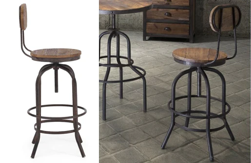 Distressed Natural Elm Wood Bar Stool With Back