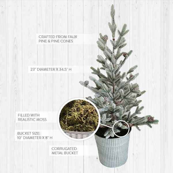 Flocked Winter Pine Tree in Galvanized Bucket