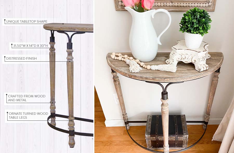Wooden Half Moon Table with Metal Accents