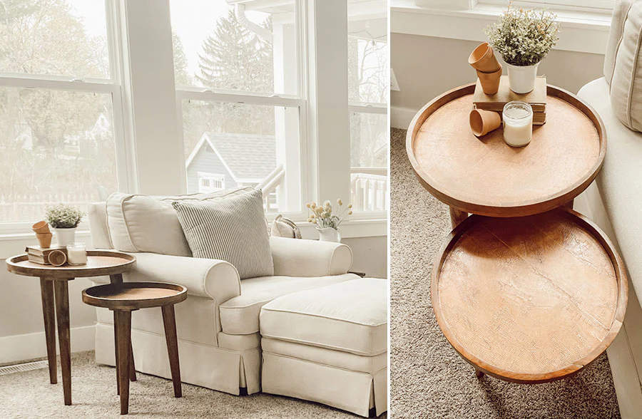 Brown Wooden Tri Leg Contemporary Accent Table, Set of 2