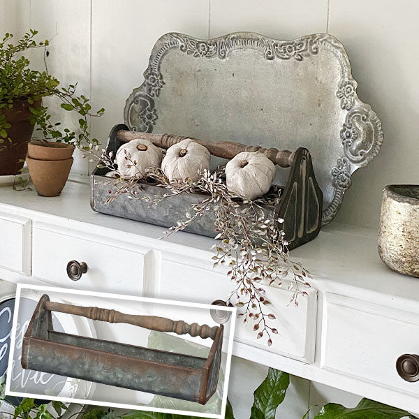 Rusted Patina Galvanized Metal Caddy with Wood Spindle Handle