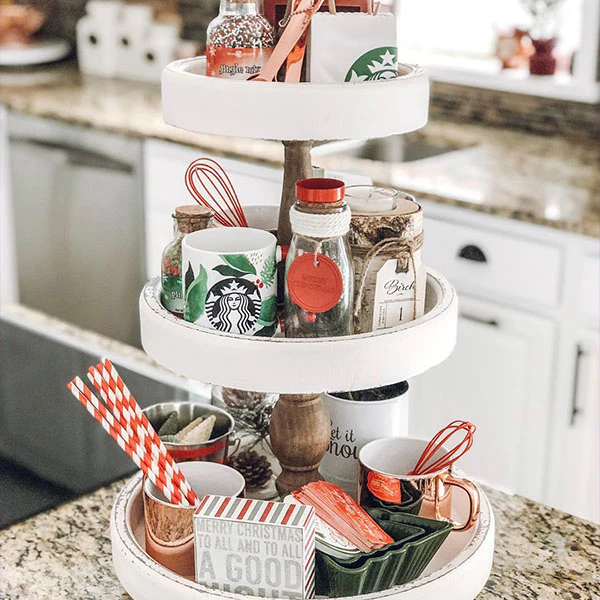 Distressed White Wood Tiered Tray