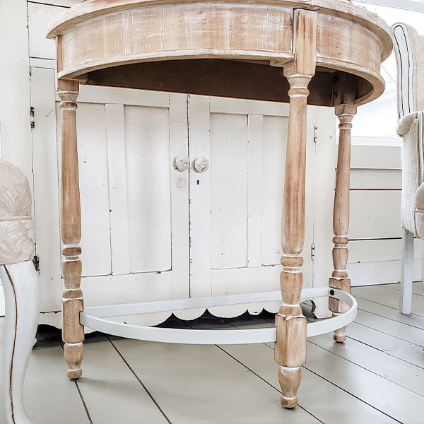 Whitewashed Wooden Half Moon Table with Metal Accents
