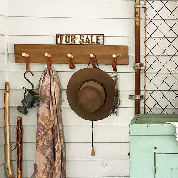Rustic Wooden Peg and Leather Wall Hooks